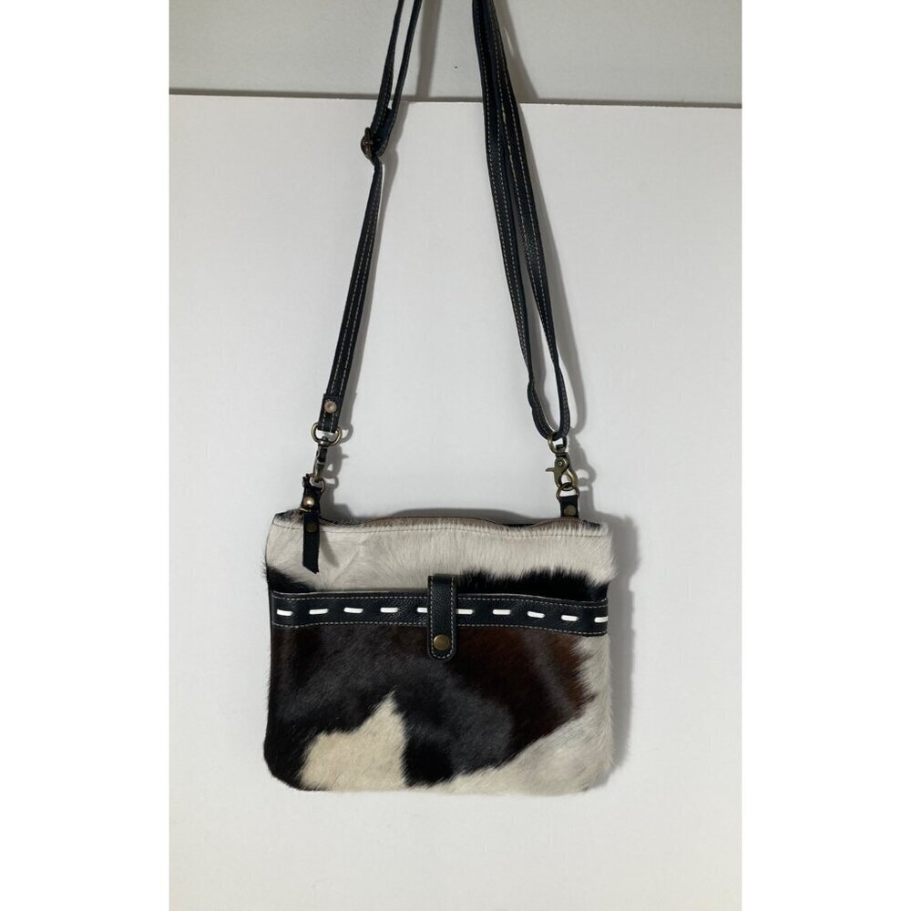 Womens Bhrayna Sonet Crossbody Cowhair Canvas Bag 8 x 10"  Brown White NWT‎